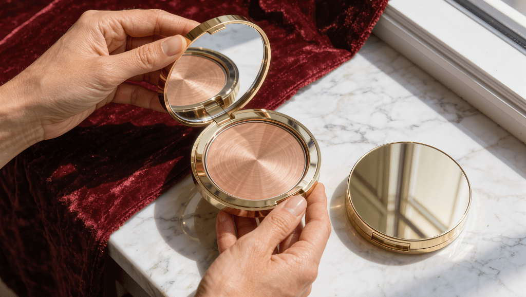 Hands lifting a round metal pan out of an open refillable brushed-brass compact on a white marble counter in bright daylight